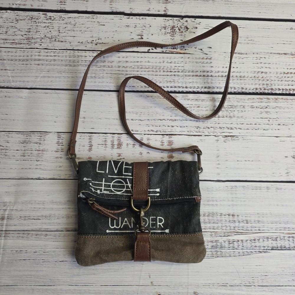 Mona B Live‎ Love Wander Crossbody Purse Black Brown Leather Cotton Fold Over